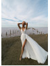 V Neck White Organza Slit Sexy Beach Wedding Dress